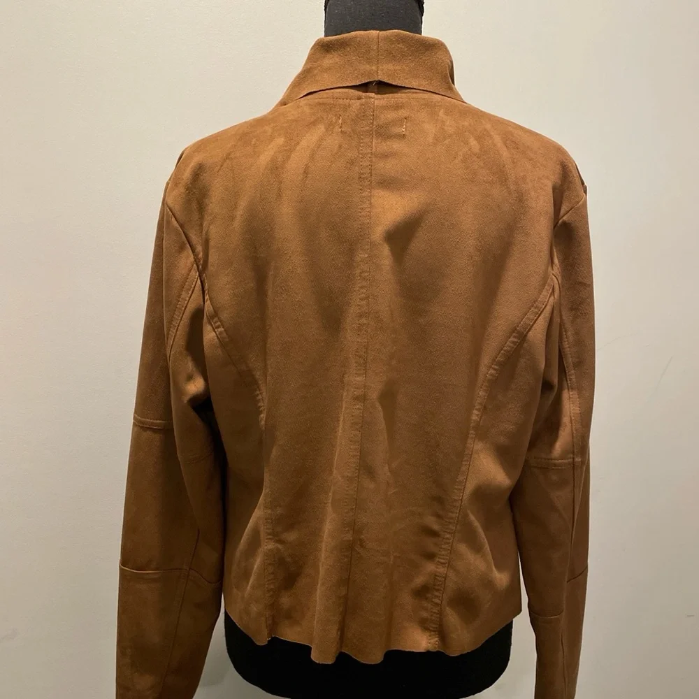 Baccinni Faux Suede Moto Jacket Size L Cognac Waterfall Drape Front Silhouette - Picture 3 of 8